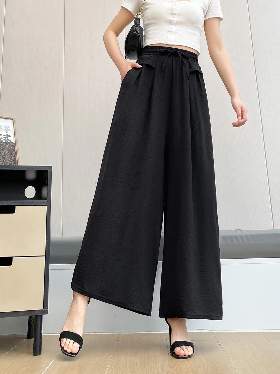 【超お得1つ買うと10個もらえる】春夏薄い女性用ズボン新しいポケットワイドパンツゴム弾力黒いカジュアルパンツ垂感痩せて見えるズボン