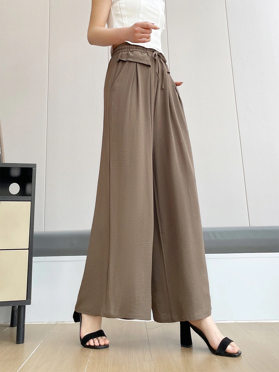 【超お得1つ買うと10個もらえる】春夏薄い女性用ズボン新しいポケットワイドパンツゴム弾力黒いカジュアルパンツ垂感痩せて見えるズボン