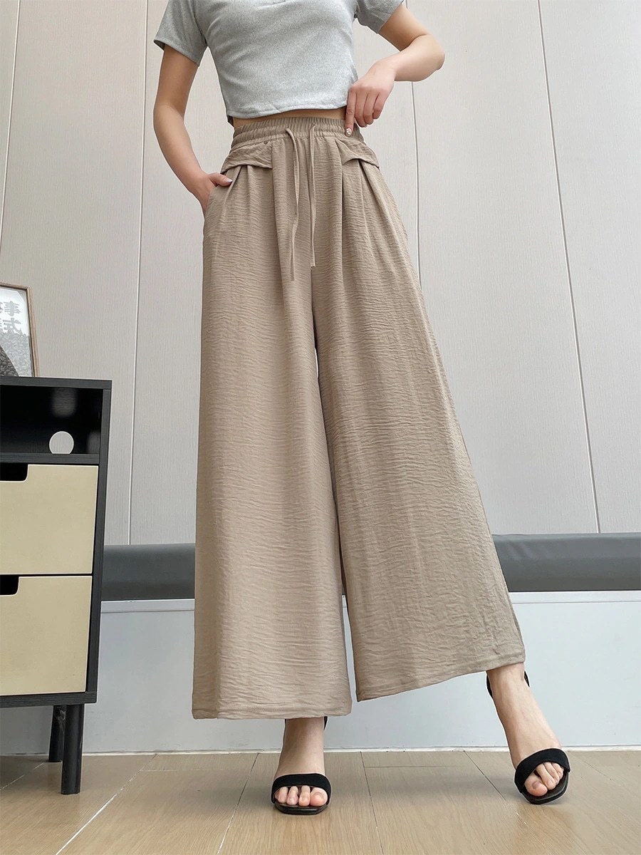 【超お得1つ買うと10個もらえる】春夏薄い女性用ズボン新しいポケットワイドパンツゴム弾力黒いカジュアルパンツ垂感痩せて見えるズボン