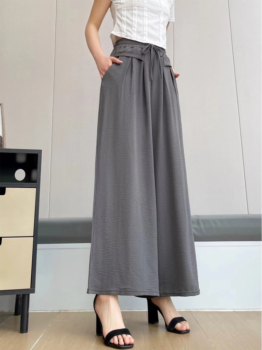 【超お得1つ買うと10個もらえる】春夏薄い女性用ズボン新しいポケットワイドパンツゴム弾力黒いカジュアルパンツ垂感痩せて見えるズボン