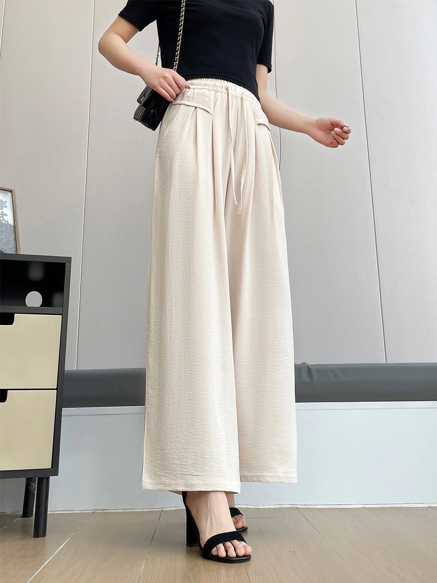 【超お得1つ買うと10個もらえる】春夏薄い女性用ズボン新しいポケットワイドパンツゴム弾力黒いカジュアルパンツ垂感痩せて見えるズボン