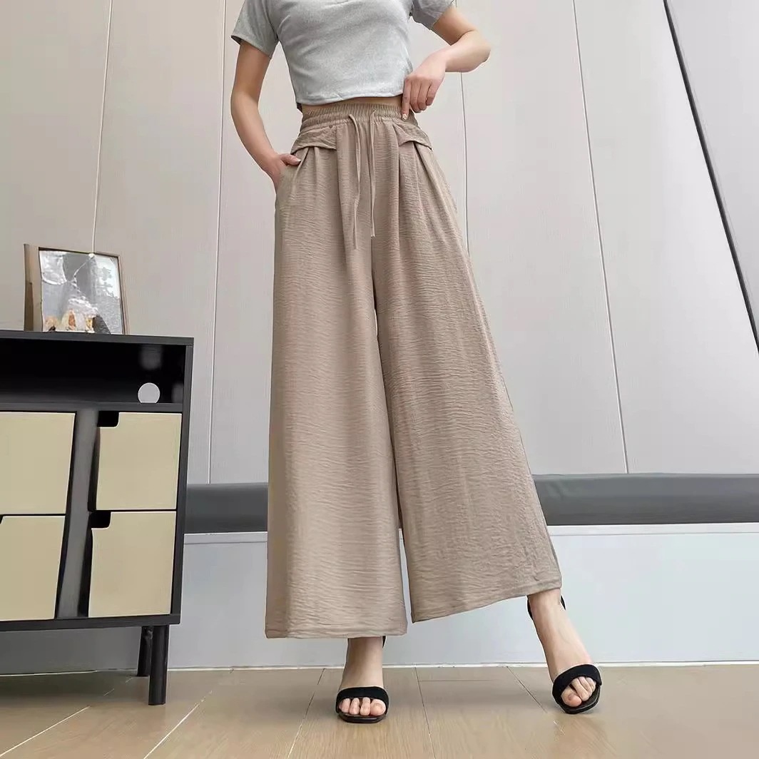 【超お得1つ買うと10個もらえる】春夏薄い女性用ズボン新しいポケットワイドパンツゴム弾力黒いカジュアルパンツ垂感痩せて見えるズボン