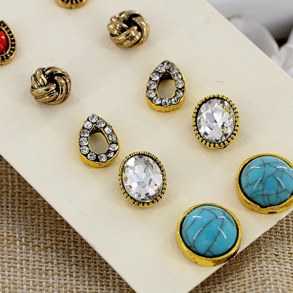 6Pairs / Setターコイズチュニックジルコニアクリスタルオーバルスタッドイヤリングセット 6Pairs / Setターコイズチュニックジルコニアクリスタルオーバルスタッドイヤリングセット