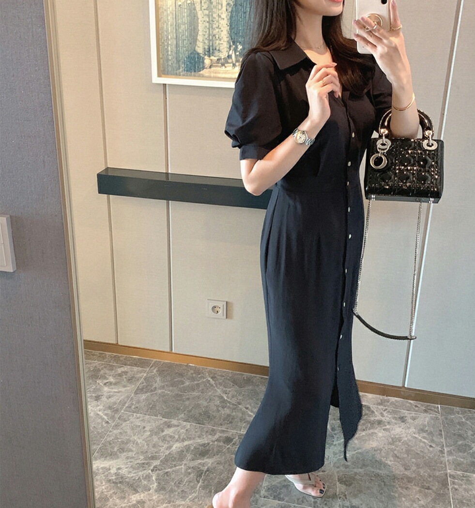 [メガ割りSALE]ショートパフ袖シャツワンピース・p390278