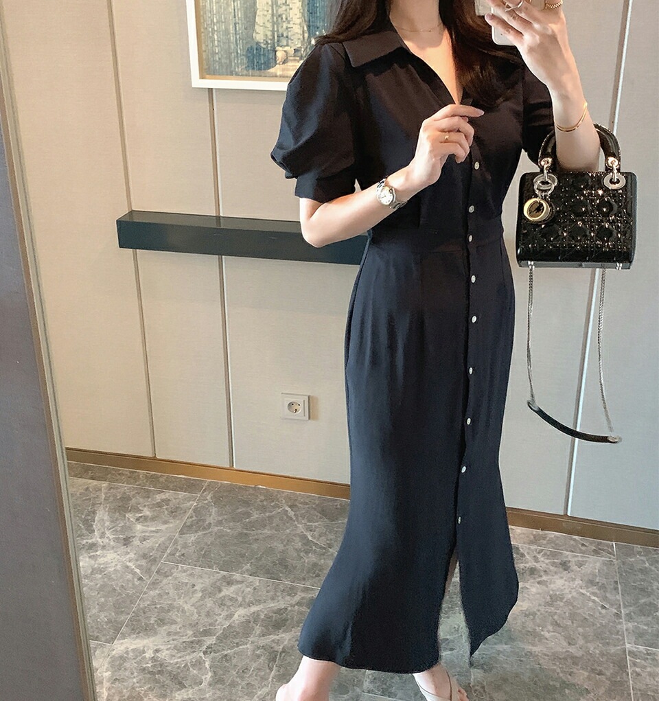 [メガ割りSALE]ショートパフ袖シャツワンピース・p390278