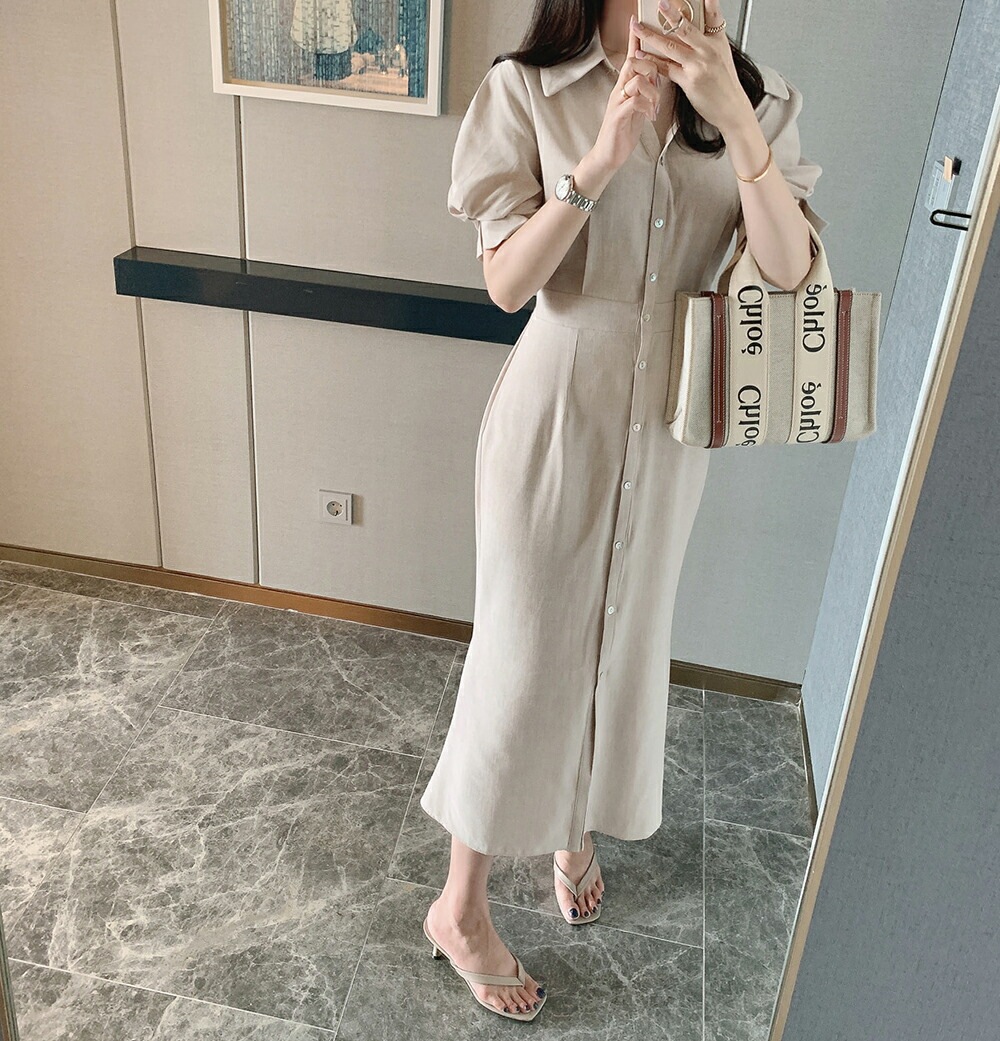 [メガ割りSALE]ショートパフ袖シャツワンピース・p390278