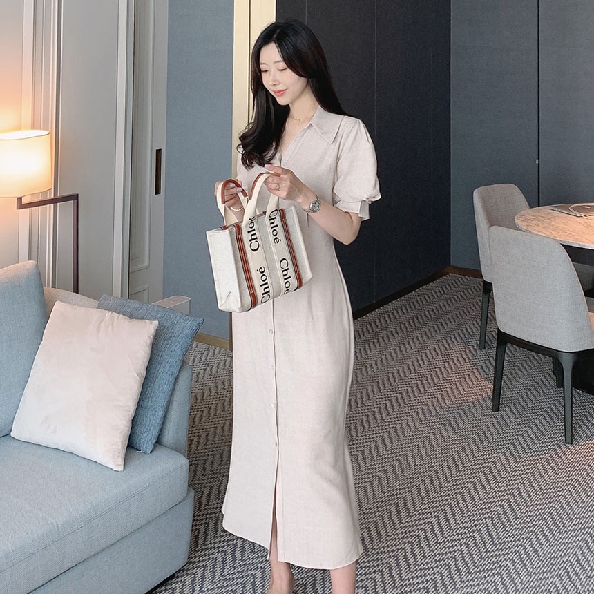 [メガ割りSALE]ショートパフ袖シャツワンピース・p390278