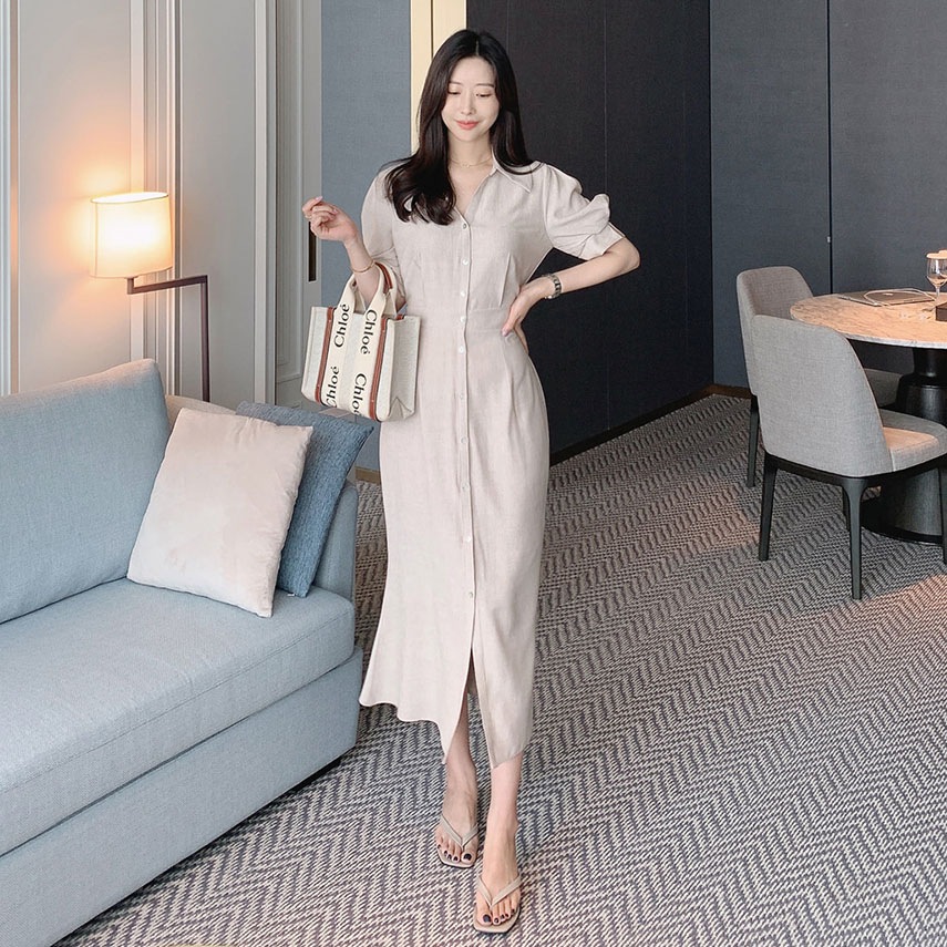 [メガ割りSALE]ショートパフ袖シャツワンピース・p390278