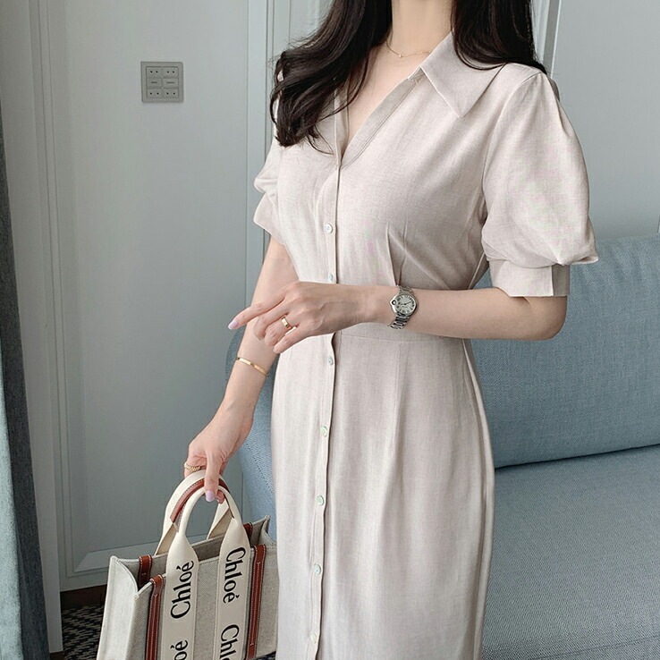 [メガ割りSALE]ショートパフ袖シャツワンピース・p390278