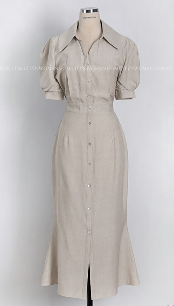 [メガ割りSALE]ショートパフ袖シャツワンピース・p390278