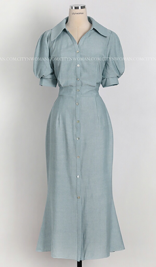 [メガ割りSALE]ショートパフ袖シャツワンピース・p390278