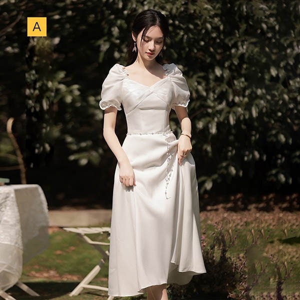 ミモレ丈 ロング丈 ホワイト 白 二次会 ブライズメイド ドレス 小さいサイズ 大きいサイズ 結婚式 体型カバー 半袖 フリル 謝恩会 二次会 卒業式 花嫁 ピアノ 発表会 ドレス 演奏会 20代 3