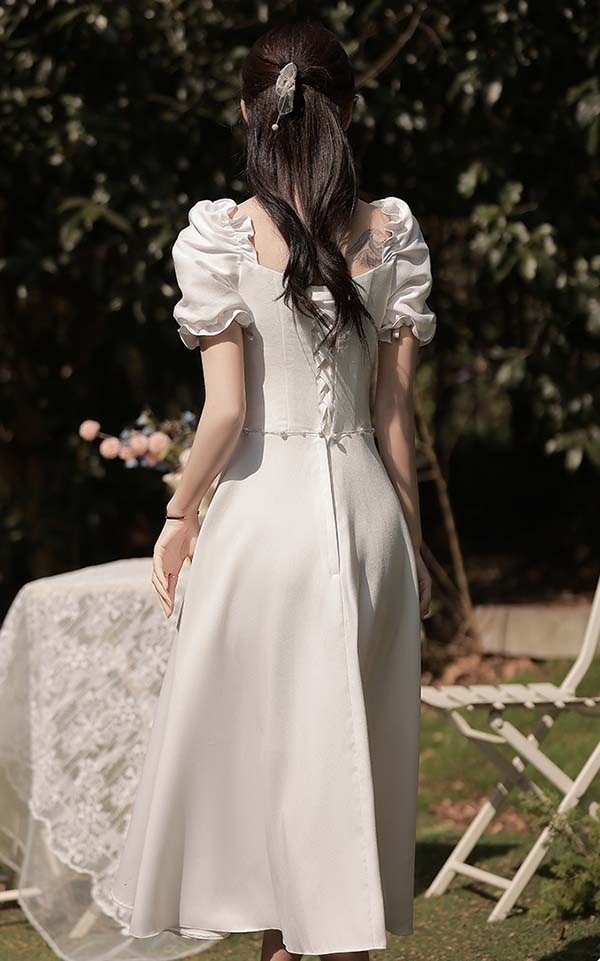 ミモレ丈 ロング丈 ホワイト 白 二次会 ブライズメイド ドレス 小さいサイズ 大きいサイズ 結婚式 体型カバー 半袖 フリル 謝恩会 二次会 卒業式 花嫁 ピアノ 発表会 ドレス 演奏会 20代 3