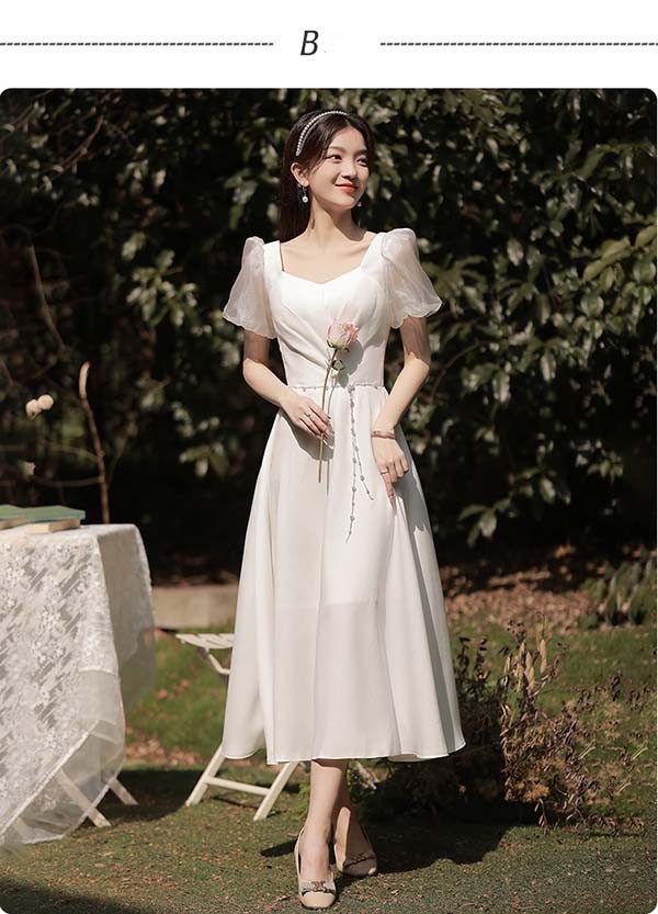 ミモレ丈 ロング丈 ホワイト 白 二次会 ブライズメイド ドレス 小さいサイズ 大きいサイズ 結婚式 体型カバー 半袖 フリル 謝恩会 二次会 卒業式 花嫁 ピアノ 発表会 ドレス 演奏会 20代 3