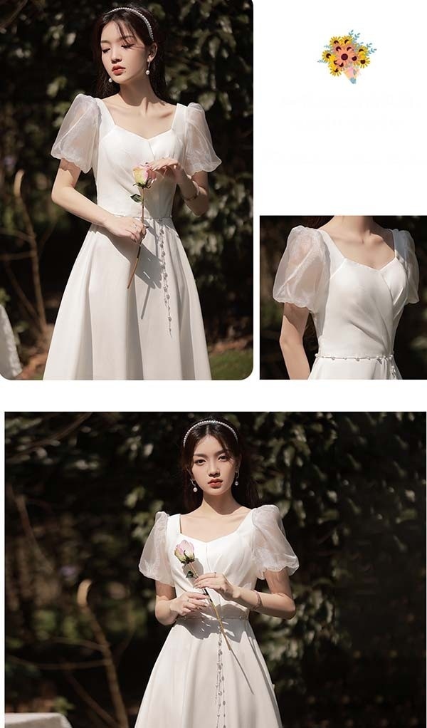 ミモレ丈 ロング丈 ホワイト 白 二次会 ブライズメイド ドレス 小さいサイズ 大きいサイズ 結婚式 体型カバー 半袖 フリル 謝恩会 二次会 卒業式 花嫁 ピアノ 発表会 ドレス 演奏会 20代 3