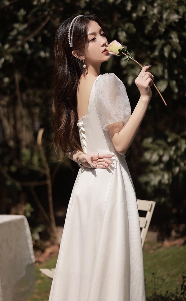 ミモレ丈 ロング丈 ホワイト 白 二次会 ブライズメイド ドレス 小さいサイズ 大きいサイズ 結婚式 体型カバー 半袖 フリル 謝恩会 二次会 卒業式 花嫁 ピアノ 発表会 ドレス 演奏会 20代 3