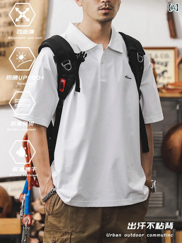 ポロシャツ アメリカン アウトドア 日焼け防止 Tシャツ メンズ 半袖 夏 トップス シワ防止 吸湿 速乾 ノーアイロン ブラック ホワイト カーキ