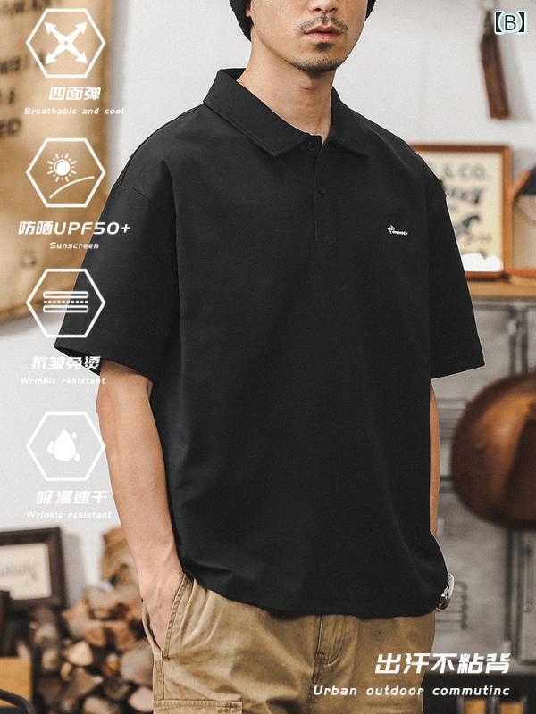 ポロシャツ アメリカン アウトドア 日焼け防止 Tシャツ メンズ 半袖 夏 トップス シワ防止 吸湿 速乾 ノーアイロン ブラック ホワイト カーキ