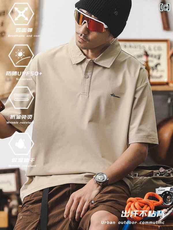 ポロシャツ アメリカン アウトドア 日焼け防止 Tシャツ メンズ 半袖 夏 トップス シワ防止 吸湿 速乾 ノーアイロン ブラック ホワイト カーキ