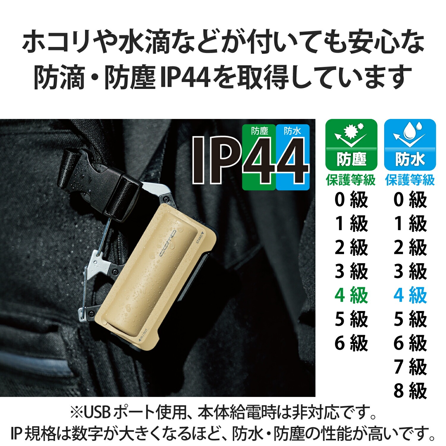 モバイルバッテリー カラビナ付き ケーブル 0.1m付属 5000mAh 12W C1 防水防塵耐衝撃 USB-C 入出力 1ポート IP44 ベージュ DE-C35L-5000BE