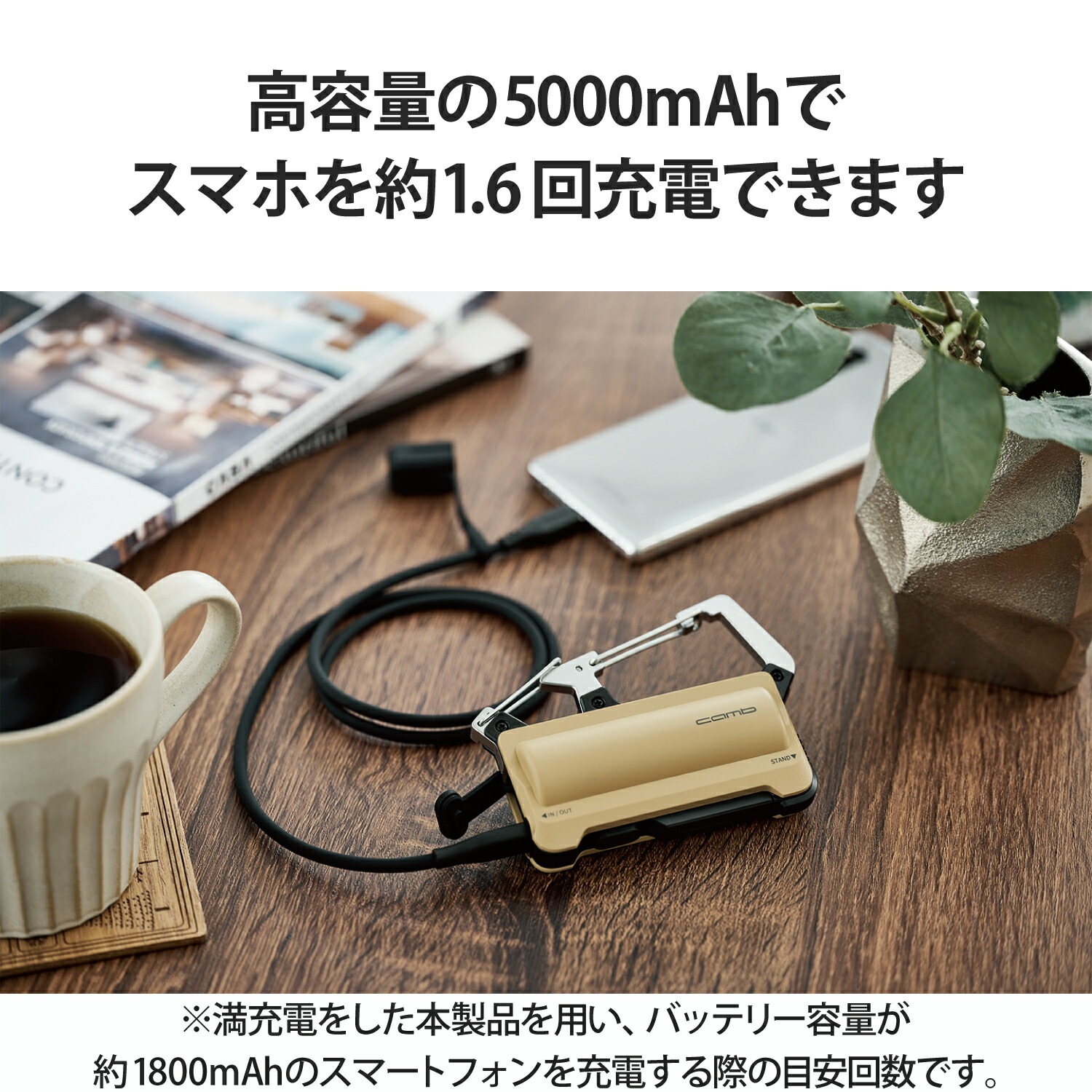 モバイルバッテリー カラビナ付き ケーブル 0.1m付属 5000mAh 12W C1 防水防塵耐衝撃 USB-C 入出力 1ポート IP44 ベージュ DE-C35L-5000BE
