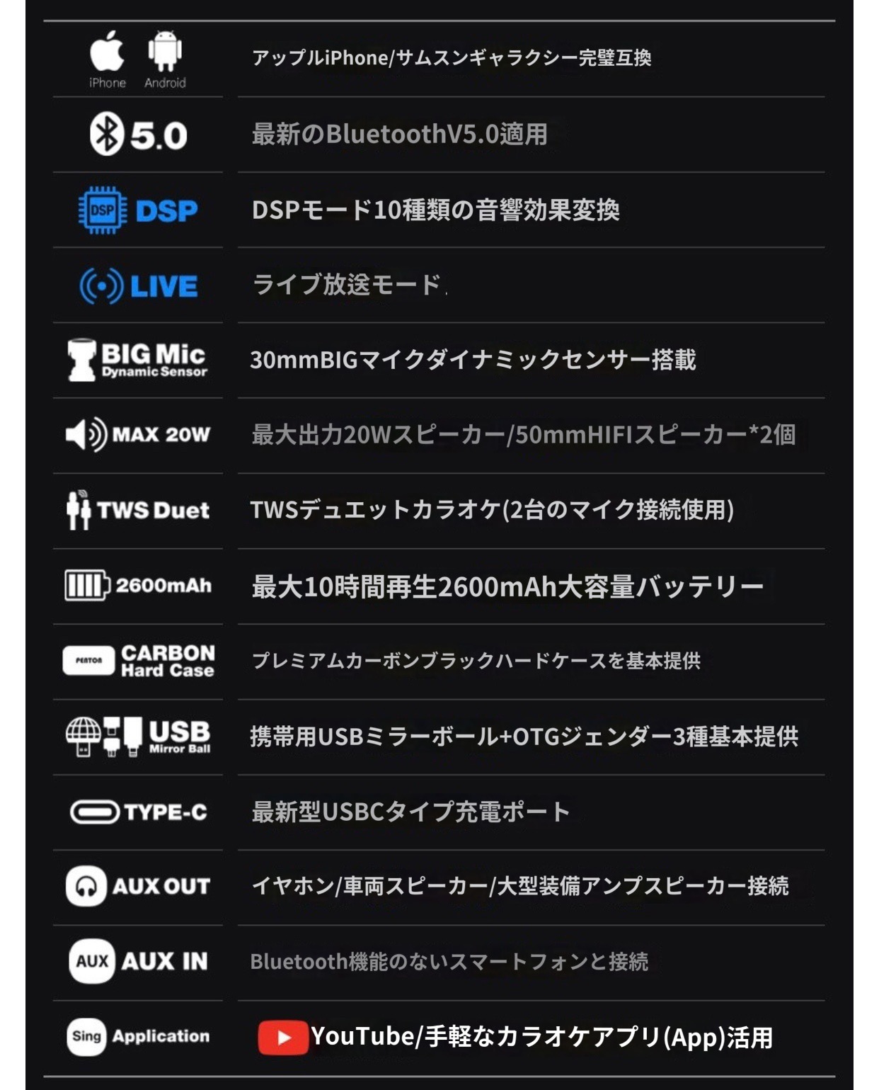 [penton]ペントン高出力20WBluetooth5.0ウーファーワイヤレスマイク+ハードケースセットカラオケマイクBluetooth カラオケマイク