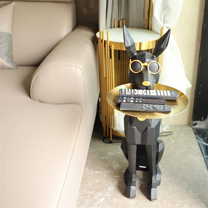 トレイを咥えたドーベルマンの装飾オブジェ 置物