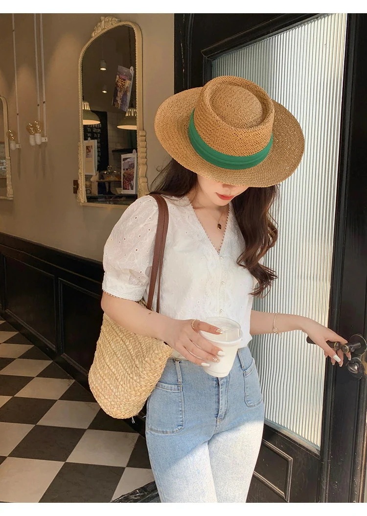 レース長袖ブラウス 刺繍 Vネック ブラウス ボリューム袖 レディース レース バブルスリーブ シャツ 春夏秋 涼しい きれいめ 大きいサイズ カジュアル フリル 花柄 袖口ゴム 薄手 半袖 カットソ