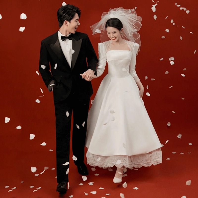 ウェディングドレス 白 パーティードレス レース オフショルダー 結婚式 ドレス 長袖 白 シンプル 無地 ワンピース 二次会 披露宴 前撮り後撮り ビーチフォト花嫁ドレス
