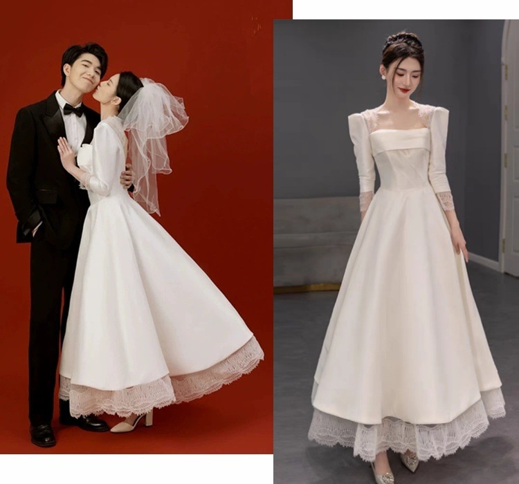 ウェディングドレス 白 パーティードレス レース オフショルダー 結婚式 ドレス 長袖 白 シンプル 無地 ワンピース 二次会 披露宴 前撮り後撮り ビーチフォト花嫁ドレス