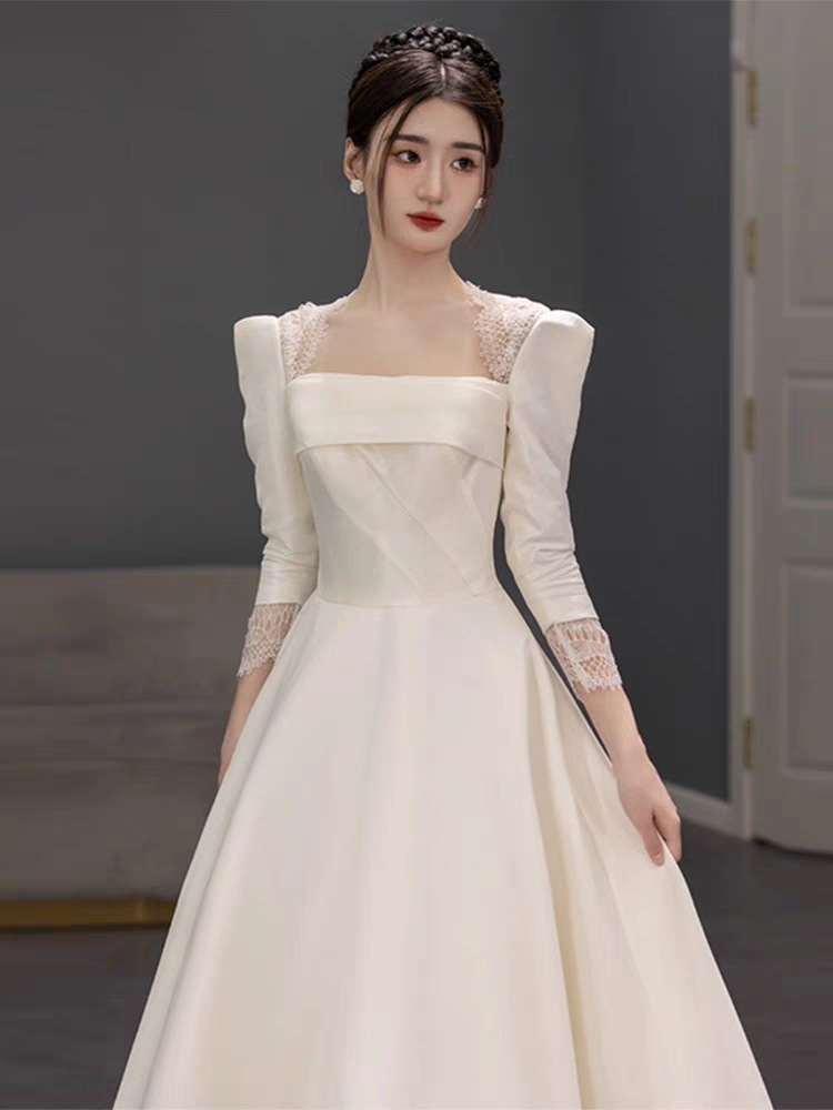 ウェディングドレス 白 パーティードレス レース オフショルダー 結婚式 ドレス 長袖 白 シンプル 無地 ワンピース 二次会 披露宴 前撮り後撮り ビーチフォト花嫁ドレス