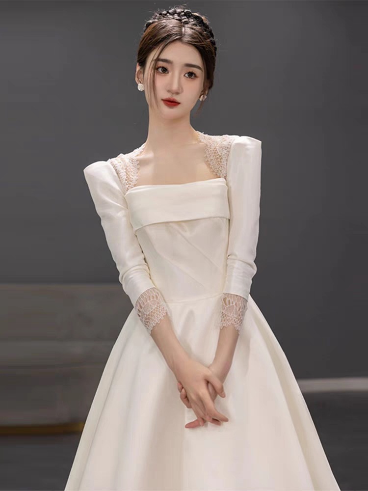 ウェディングドレス 白 パーティードレス レース オフショルダー 結婚式 ドレス 長袖 白 シンプル 無地 ワンピース 二次会 披露宴 前撮り後撮り ビーチフォト花嫁ドレス