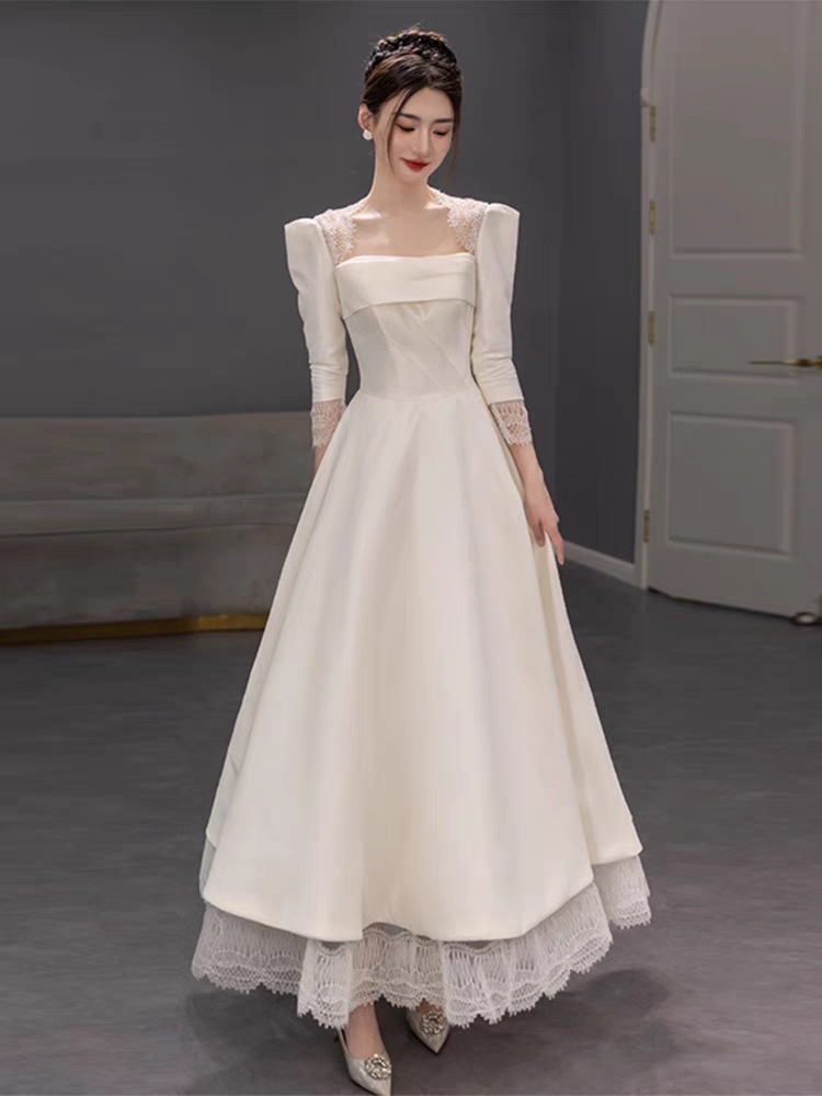 ウェディングドレス 白 パーティードレス レース オフショルダー 結婚式 ドレス 長袖 白 シンプル 無地 ワンピース 二次会 披露宴 前撮り後撮り ビーチフォト花嫁ドレス