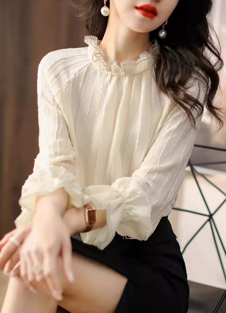 トップス ブラウス 長袖 エッジネック シフォン かわいい 大人可愛い きれいめ シンプル カジュアル 大人 上品 おしゃれ お洒落 かっこいい レトロ 大人女子 こなれ感 ラフ ラブリー キュート