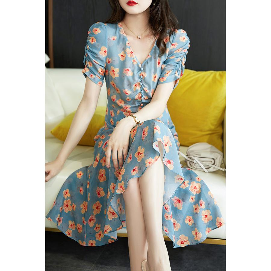 ワンピース レディース 2021 マキシワンピース 春夏 半袖ワンピース vネック 花柄マーメイドスカート オシャレ韓国風 上品 結婚式ドレス 通勤 お出かけ ワンピース レディース マキシワンピース 春夏新作 半袖ワンピース 花