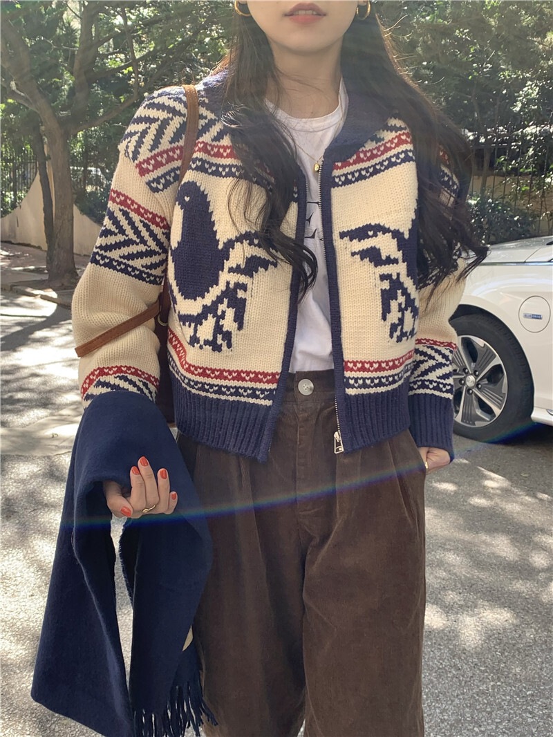 カウチン風 マルチカラー配色 模様編み バード柄 鳥模様 幾何学調パターン ジップアップ カウチン風 マルチカラー配色 模様編み バード柄 鳥模様 幾何学調パターン ジップアップ