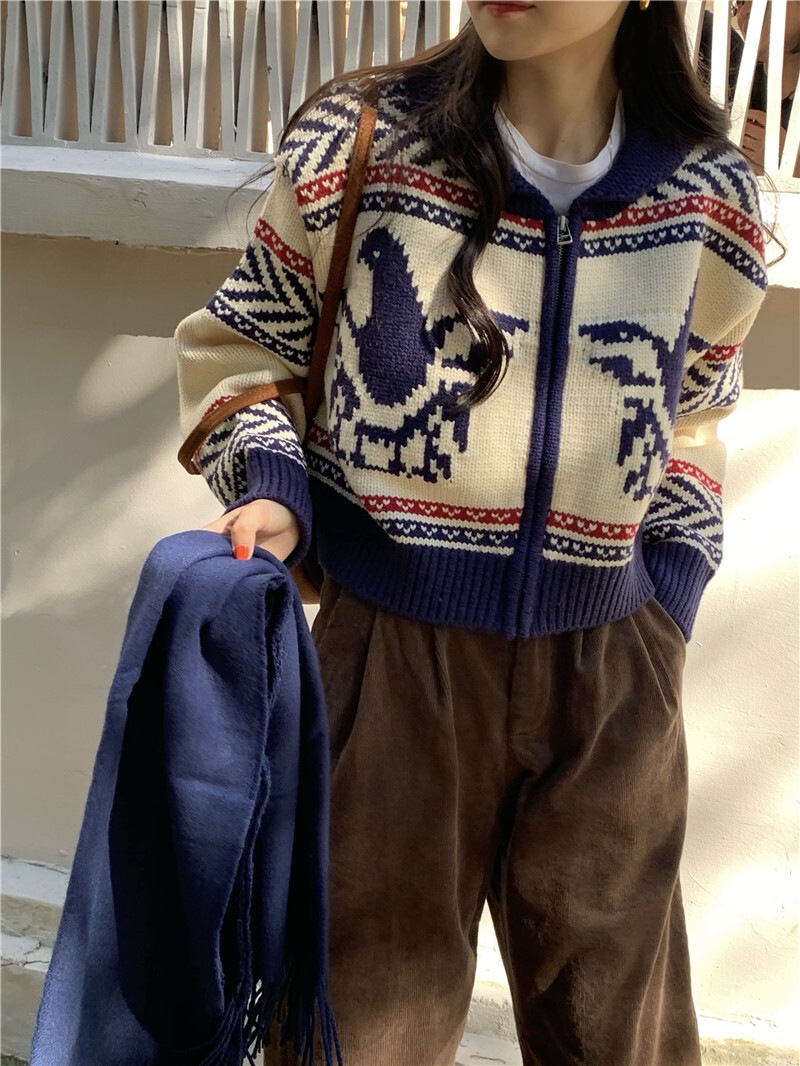 カウチン風 マルチカラー配色 模様編み バード柄 鳥模様 幾何学調パターン ジップアップ カウチン風 マルチカラー配色 模様編み バード柄 鳥模様 幾何学調パターン ジップアップ