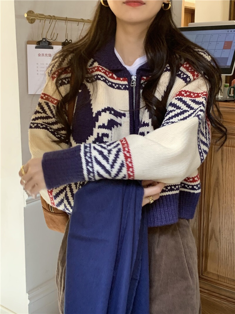 カウチン風 マルチカラー配色 模様編み バード柄 鳥模様 幾何学調パターン ジップアップ カウチン風 マルチカラー配色 模様編み バード柄 鳥模様 幾何学調パターン ジップアップ