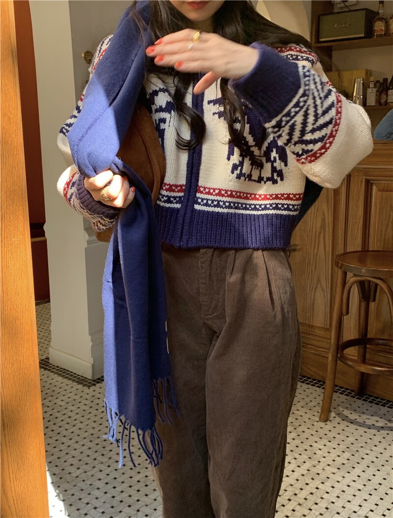 カウチン風 マルチカラー配色 模様編み バード柄 鳥模様 幾何学調パターン ジップアップ カウチン風 マルチカラー配色 模様編み バード柄 鳥模様 幾何学調パターン ジップアップ