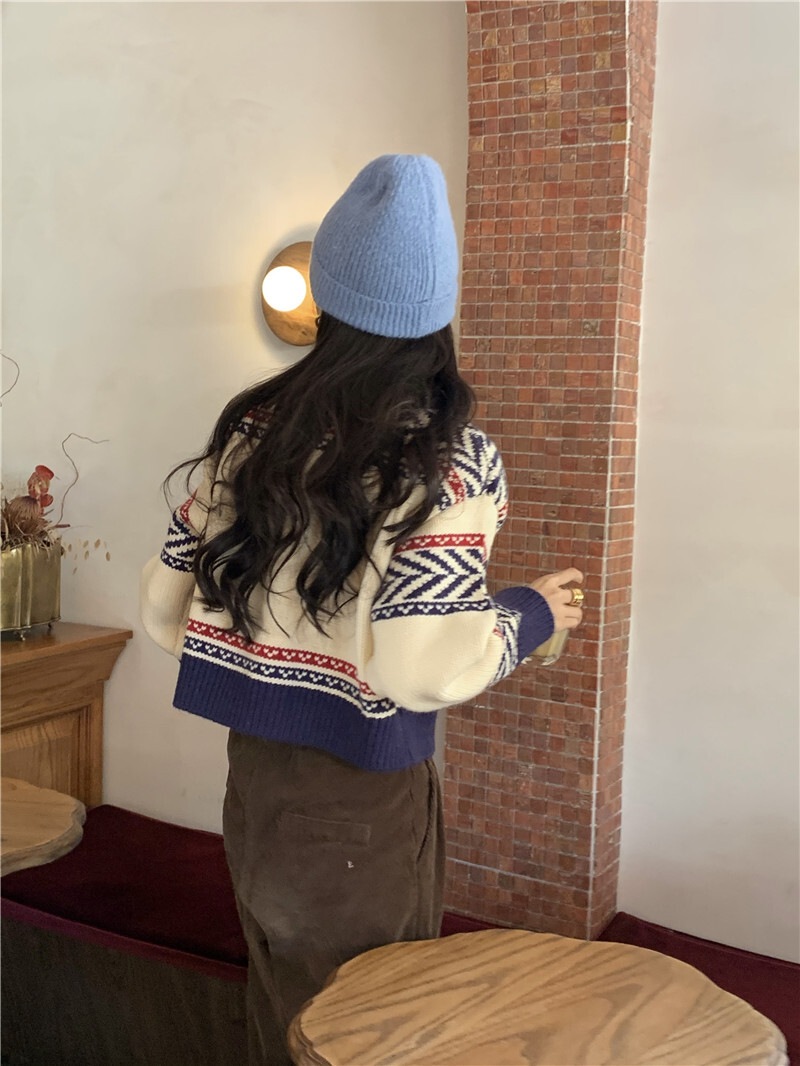 カウチン風 マルチカラー配色 模様編み バード柄 鳥模様 幾何学調パターン ジップアップ カウチン風 マルチカラー配色 模様編み バード柄 鳥模様 幾何学調パターン ジップアップ