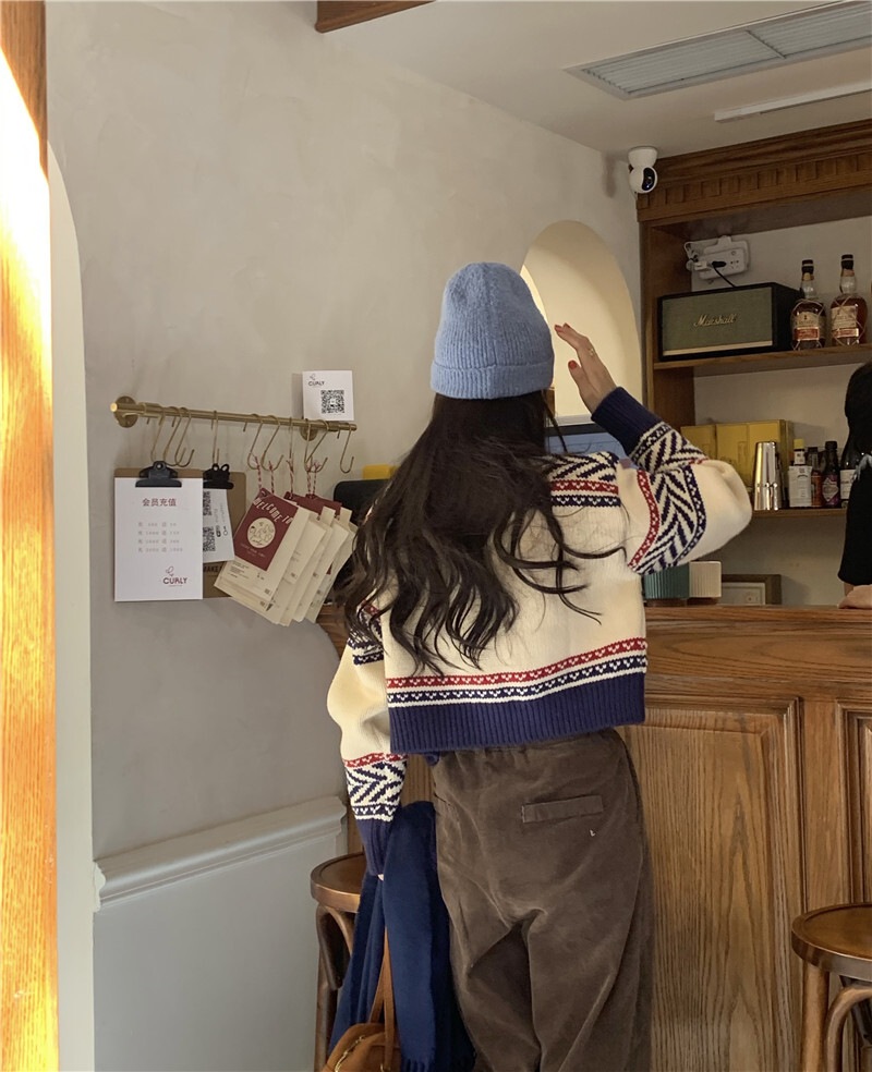 カウチン風 マルチカラー配色 模様編み バード柄 鳥模様 幾何学調パターン ジップアップ カウチン風 マルチカラー配色 模様編み バード柄 鳥模様 幾何学調パターン ジップアップ