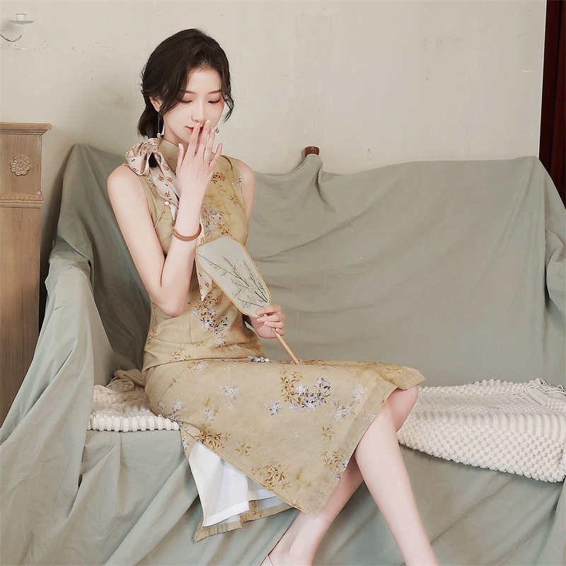 2025 夏 新作 ドレス 麻二重プリントミディアムチャイナドレスワンピースレトロ 改良 少女 ヤング 2025 夏 新作 ドレス 麻二重プリントミディアムチャイナドレスワンピースレトロ 改良 少女 ヤング