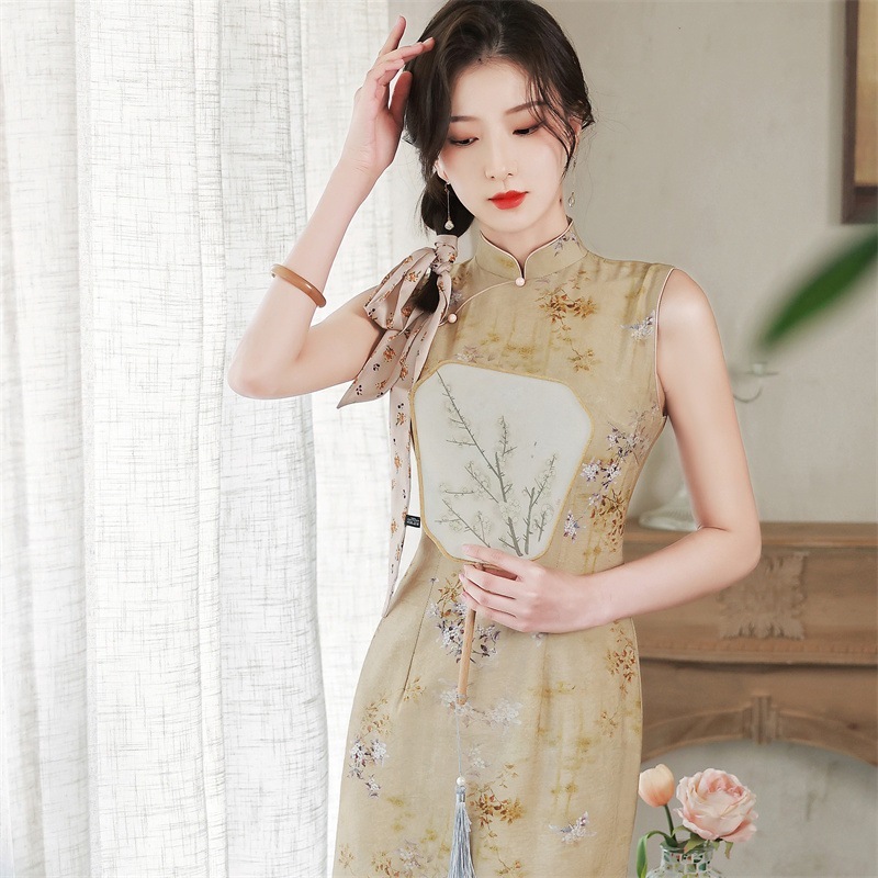 2025 夏 新作 ドレス 麻二重プリントミディアムチャイナドレスワンピースレトロ 改良 少女 ヤング 2025 夏 新作 ドレス 麻二重プリントミディアムチャイナドレスワンピースレトロ 改良 少女 ヤング
