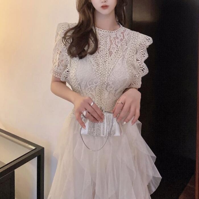 パーティー ワンピース 袖あり ロング丈 エレガント レース チュール レディース ワンピ ドレス フリル 半袖 きれいめ 二次会 セレモニー フェミニン お呼ばれ グレー ベージュ 春 秋 夏 20