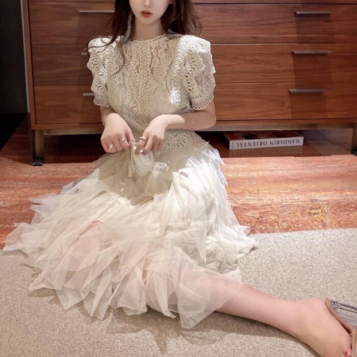 パーティー ワンピース 袖あり ロング丈 エレガント レース チュール レディース ワンピ ドレス フリル 半袖 きれいめ 二次会 セレモニー フェミニン お呼ばれ グレー ベージュ 春 秋 夏 20