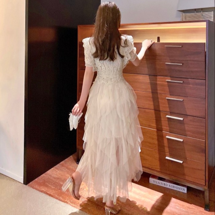 パーティー ワンピース 袖あり ロング丈 エレガント レース チュール レディース ワンピ ドレス フリル 半袖 きれいめ 二次会 セレモニー フェミニン お呼ばれ グレー ベージュ 春 秋 夏 20