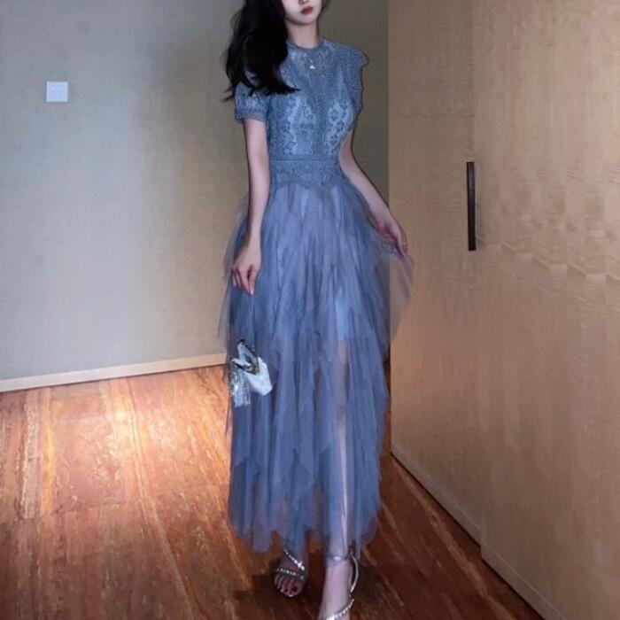 パーティー ワンピース 袖あり ロング丈 エレガント レース チュール レディース ワンピ ドレス フリル 半袖 きれいめ 二次会 セレモニー フェミニン お呼ばれ グレー ベージュ 春 秋 夏 20