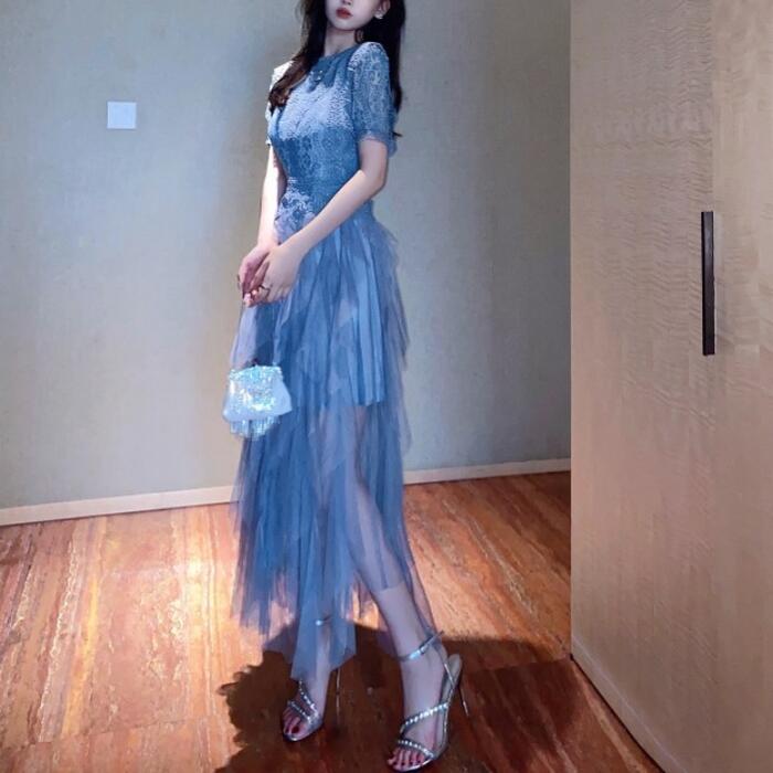 パーティー ワンピース 袖あり ロング丈 エレガント レース チュール レディース ワンピ ドレス フリル 半袖 きれいめ 二次会 セレモニー フェミニン お呼ばれ グレー ベージュ 春 秋 夏 20