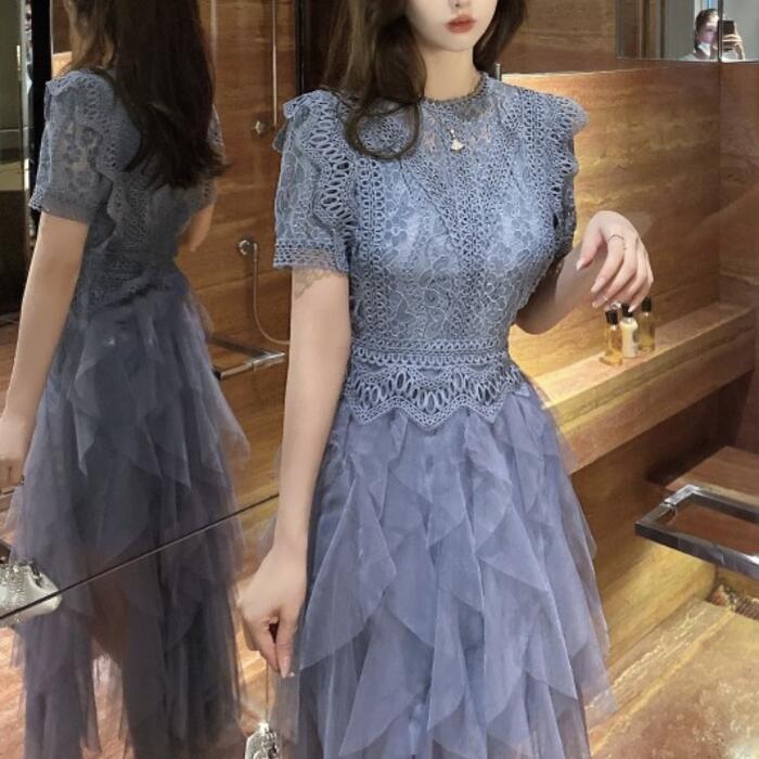 パーティー ワンピース 袖あり ロング丈 エレガント レース チュール レディース ワンピ ドレス フリル 半袖 きれいめ 二次会 セレモニー フェミニン お呼ばれ グレー ベージュ 春 秋 夏 20