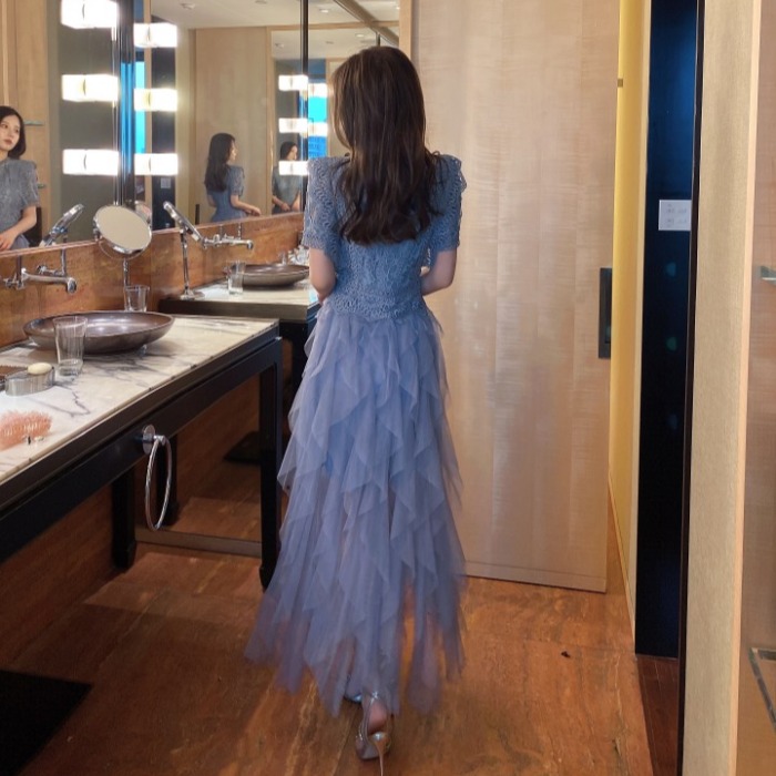 パーティー ワンピース 袖あり ロング丈 エレガント レース チュール レディース ワンピ ドレス フリル 半袖 きれいめ 二次会 セレモニー フェミニン お呼ばれ グレー ベージュ 春 秋 夏 20